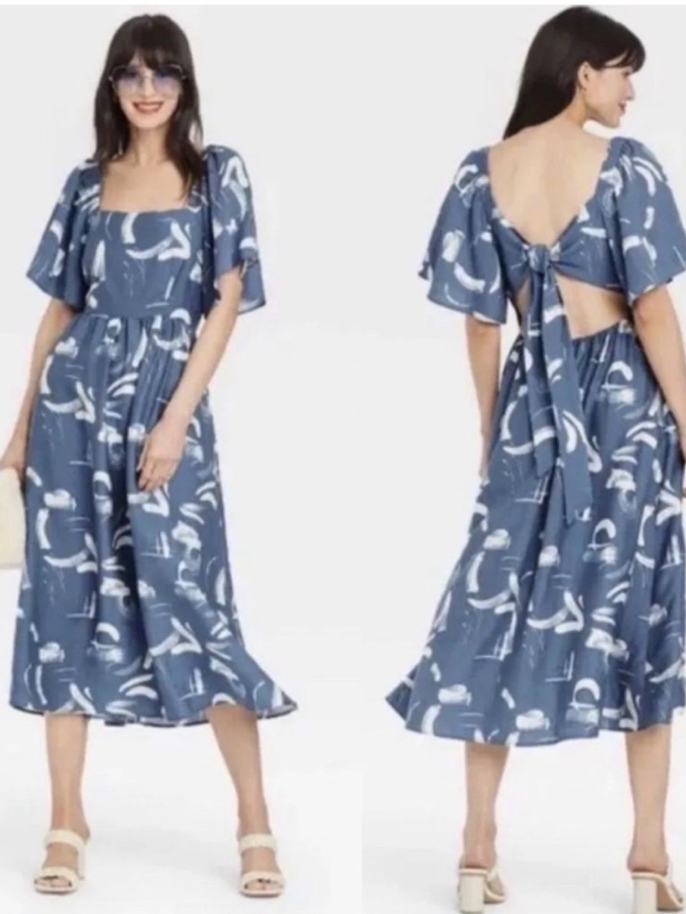 Blue Abstract Print Tie-Back Midi Dress
